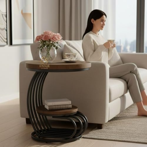 Image of Modern Marble Side Table with Metal Frame | Luxury Round End Table with Storage Shelf for Living Room Coffee Table, Bedroom & Lounge (Walnut & Black)