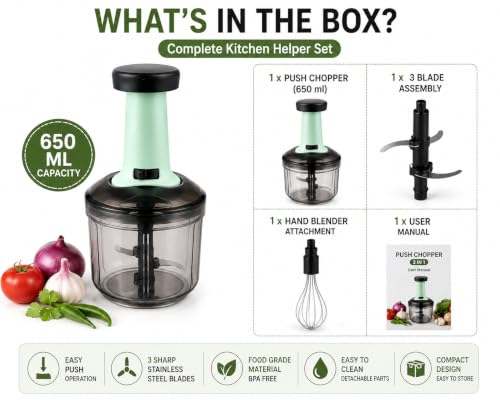 Image of 650 ML Manual Push Vegetable Chopper with 3 Stainless Steel Blades | Food Chopper | Onion, Garlic & Fruit Cutter