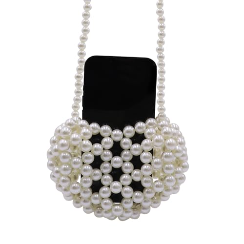 Image of Heart White Beaded Pearl Crossbody Bag Acrylic Beaded Purse Mini Wrislet Clutch Elegant Evening Bag for Party Wedding