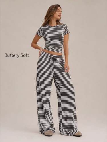 Image of Trendy Queen 2 Piece Matching Summer Lounge Set Womens Side Ruching Top Wide Leg Pants Sets with Pockets