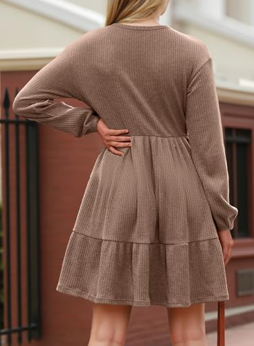 Image of Dokotoo Womens Dresses Long Sleeve V Neck Lightweight Ribbed Knit Empire Waist Casual A Line Swing Mini Dress