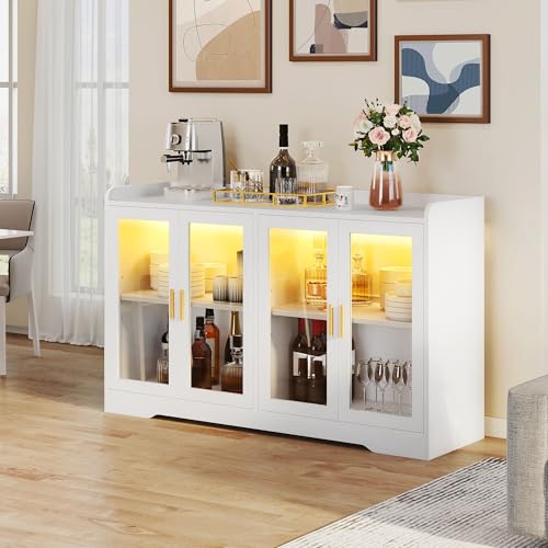 DWVO 55'' Sideboard Buffet Cabinet with LED Light, Coffee Bar Cabinet with 4 Doors & Adjustable Shelves, Large Storage Cabinet for Kitchen, Dining Room, Living Room, White