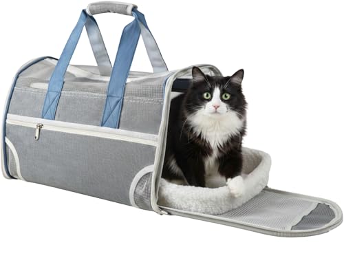 KittyKins Transportín Gato Cabina Avión – Bolsa Transporte Gato Blando Plegable, Compatible con Cabina Aerolíneas, Ventilado y Seguro, Incluye Cuenco Plegable Doble y Base Acolchada