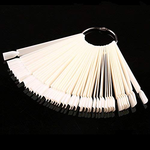 Chris.W 100Pcs Nature Color Fan-shaped Nail Art Tips Display Polish Board Display Practice Sticks Tool with Metal Rings Holder