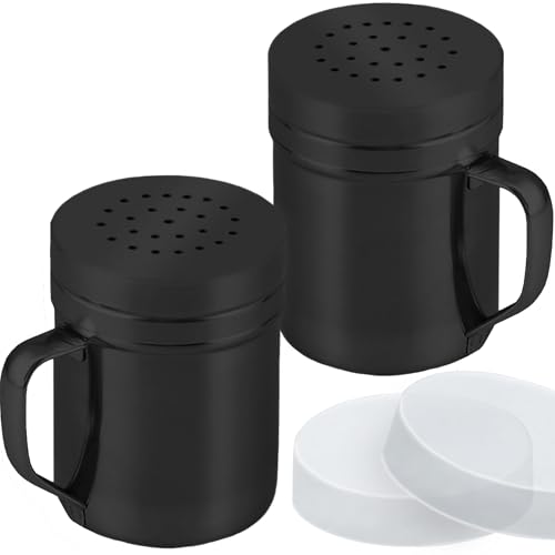 Image of CUSINIUM 6oz Black Stainless Steel Salt Pepper Dredge Shakers - With Plastic Cap - With Handle - Pack of 2