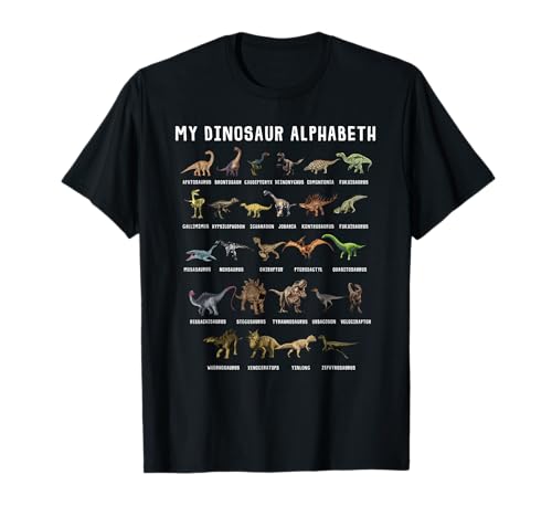 Types of Dinosaurs Alphabet A-Z ABC Dino Identification t-shirt, Preto, Pequeno