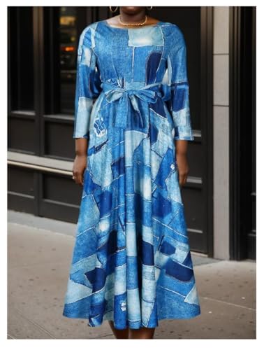 Image of Hostoyo Women Plus Size Formal A Line Maxi Dress Self Tie Waist with Pockets Elegant Round Neck Swing Long Dresses