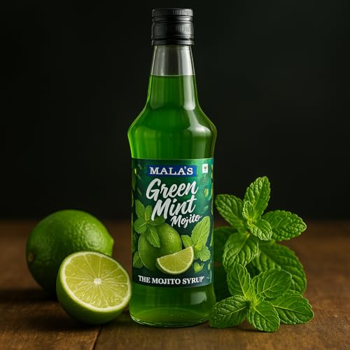 Image of Mala's, Fruit Mocktail Syrup Green Mint Lime and Mint Mojito Syrup | Mixer for Mocktails, Cocktails, Drinks, Juices, Beverages | Non Alcoholic Mix 750ML Bottle (Pack of 3)