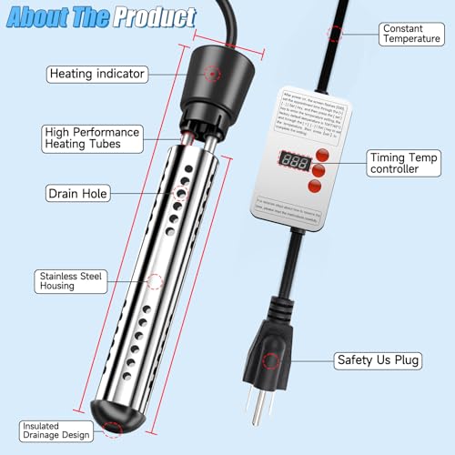 Immersion Water Heater, 2000W Portable Electric 304 Stainless Heaters with Guard Cover - LCD Thermometer for Above Ground Inflatable Pool Tub Buckets Motorhome Camping Outdoor