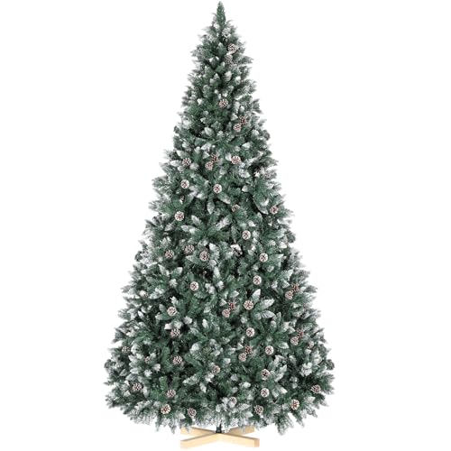 Clevich Árbol de Navidad Artificial 180cm, Pino de Navidad con Efecto Nieve y Piñas, Árboles Decoración Navideña con Soporte de Madera, Agujas de Pino Pretratadas Realistas, Fácil Montaje