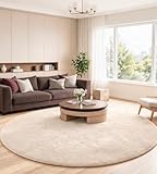 ROHATIM Teppich Rund 90 cm Beige, Flauschiger Kunstfell Teppich in Kaninchenfell Optik, Ultraweich & rutschfest, Waschbares Deko Fell für Wohnzimmer und Schlafzimmer