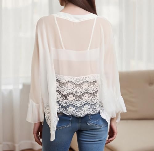 Women Sheer Poncho Shrug Tops V Neck Floral Lace See Though Flowy Tops Boho Ruffle Mesh Chiffon Blouse3