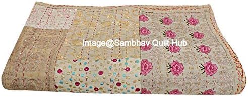 Beige Beautiful Handmade Vintage Silk Sari Jari Patchwork Khambhadiya Kantha Quilting Embroidery Kantha Quilt Reversible Bed Cover Assoted Kantha Quilt Throw Blanket Twin/Queen/King (60X90 inch)