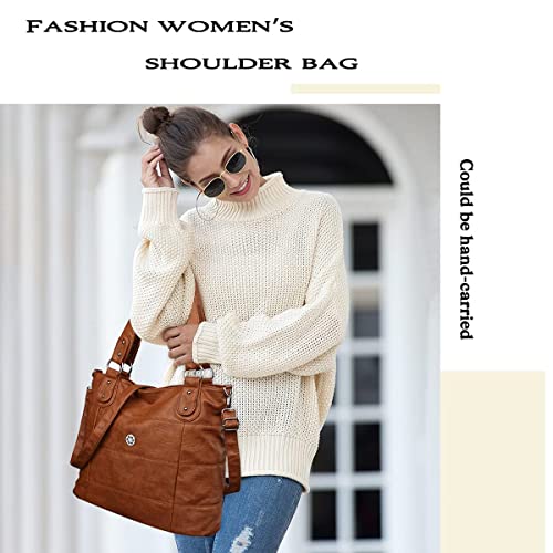 Image of Angel Kiss Hobo Shoulder Purses for Women Large Soft Washed PU Leather Stripe Crossbody Handbags