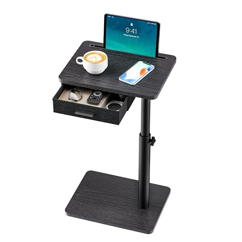 TV Tray with Drawer & Device Slot Swivel Height Adjustable bedside table Sofa Side Table for Eating C Shaped Couch Table for Living Room & Bedroom Portable Snack End Table for Couch & Bed Black