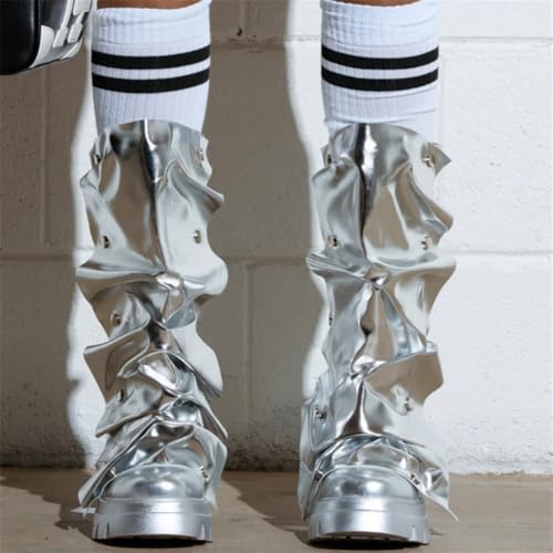 Women's Shin Metallic Fashion Buttons Long Boots Ladies Unique Wrinkled Chunky Sole Trendy High Boots 6