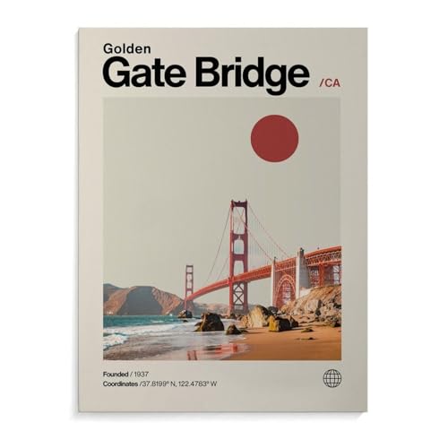 GoldenGate Bridge Poster, Minimalist, Mid-Century Modern, Travel Print Canvas for
