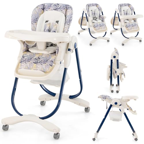 Image of HONEY JOY Baby High Chair, Foldable High Chairs for Babies and Toddlers, Adjustable Heights, Recline Backrest & Footrest, Double-Layer Tray & Cushion, Portable Infant Highchair with Wheels (Blue)