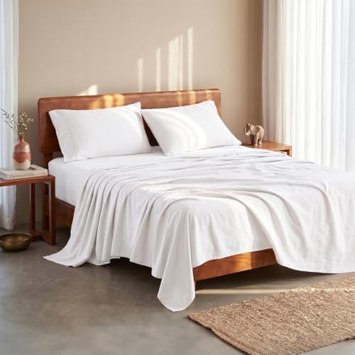 Image of LANE LINEN 100% Organic Cotton Bedsheet for Double Bed Queen Size - White | GOTS Certified, Percale Weave, 90x100 inches, Soft & Breathable, Machine Washable, Includes 2 Pillow Covers