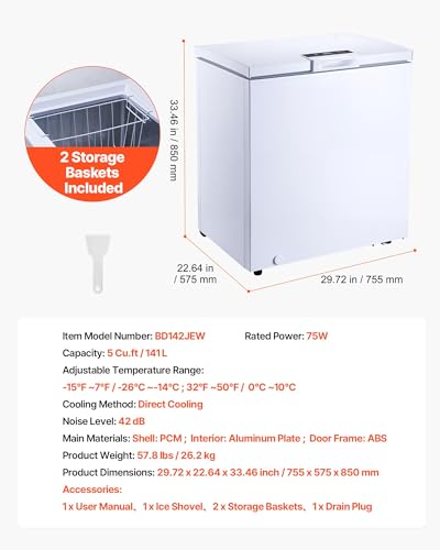 Image of VEVOR Chest Freezer, 5 Cu.ft Compact Deep Freezer, Free Standing Top Open Door Chest Freezers with 2 Removable Baskets & Adjustable Thermostat - Energy Saving, Low Noise & Garage Ready, White