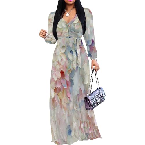 Image of SUZONANA Plus Size Dresses for Women Floral Print Maxi Dress Flowy 3 /4 Sleeve with Belt