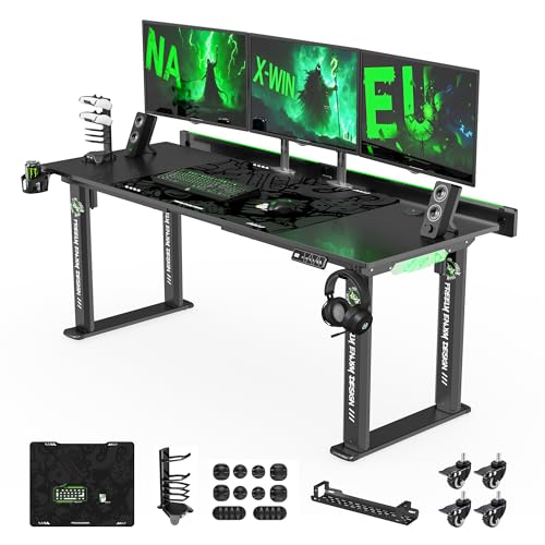 Klobel 71 Gaming Standing Desk for Gamers & Streamers 4-Leg Electric Sit Stand Desk with LED Lights Flip-Top Cable Management Stable Computer Desk with Wheels