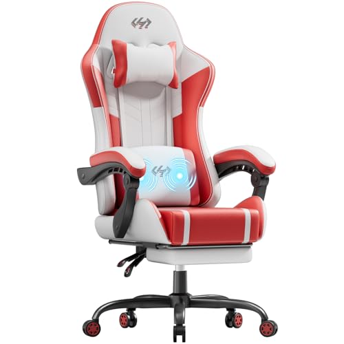 HLDIRECT Gaming Chair, Ergonomic Video Game Seat with 360° Swivel & Lumbar Massage, Computer Chair PU Leather Cushion for Adults Home/Office Use (White & Red)