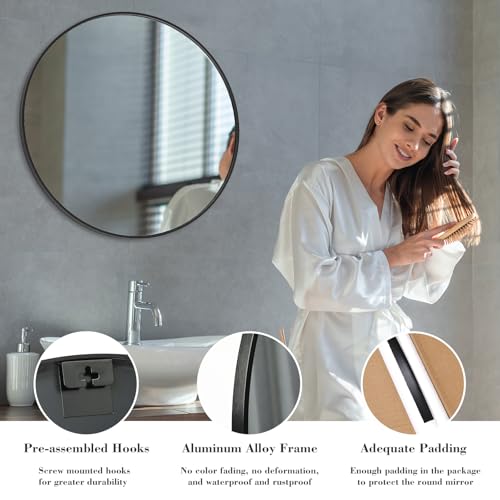 Image of Sweetcrispy 30-inch Black Round Wall Mirror, Circle Bathroom Mirrors with Metal Frame, Wall-Mounted Mirrors for Living Room, Bathroom, Entryway