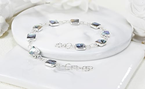 AeraVida Modernist Square Abalone Shell Double Sided .925 Sterling Silver Link Bracelet | Handcrafted Ocean-Inspired Statement Jewelry | Shiny Green-Tone Shell Bracelet with Polished Silver Finish3