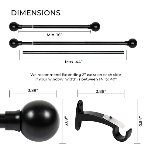 Image of Deco Window 18 inch-44 inch Adjustable Rustproof Curtain Rod for Doors & Windows with Brackets, Extendable Iron Metal Pipe Holder with Jason Finials (Black,25MM Diameter)