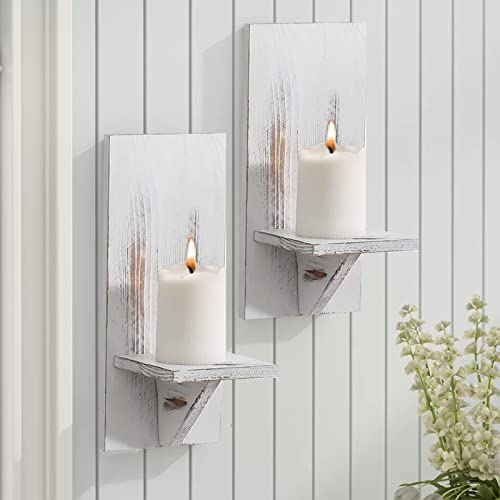 Rank Wood Wall Sconce Candle Holder (Set Of 2),Wall-Mount Wooden Candle Holders,Wallmounted Rustic Pillar Candle,Floating Hanging Shelf,Farmhouse Decoration Candlestick (Washed White) #TOP6