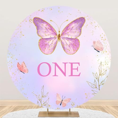 Leowefowa Butterfly Themed 1st Birthday Round Backdrop Cover 6.5x6.5ft Girl Butterfly Birthday Round Backdrop Stand Cover Girl Birthday Party Decorations Photo Booth Props
