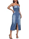 WDIRARA Women's Strapless Tube Top Sleeveless Split Back Fitted Denim Midi Dress Medium Wash S