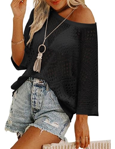 Zeagoo Women's 2025 Spring Summer Crochet Top Hollow Out 3/4 Sleeve Sweater Off Shoulder Beach Knit Coverup