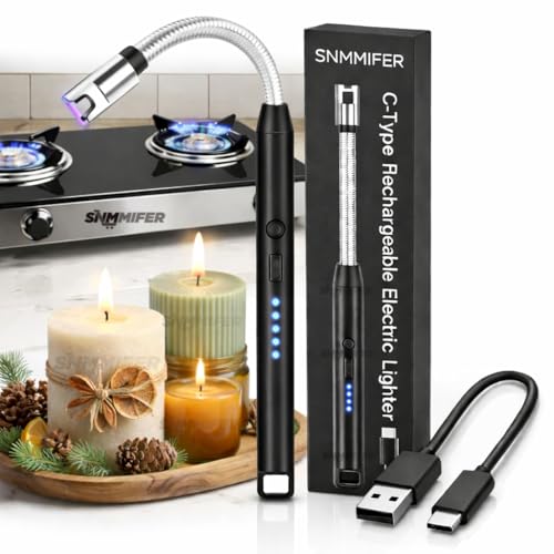 Image of SNMMIFER Electric Lighter, USB C-Type Rechargeable, 360 Flexible Neck, Windproof, for Kitchen Gas Stove, Candles, Pooja, Black