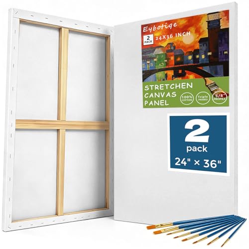 Eybotiqe Stretched Canvas for Painting Big Paint Canvases 24x36 Inch Large Painting Canvas Cotton Blank Canvas for Oil Paint Acrylics Pouring Pour Painting Watercolor Tempera 2 Pack