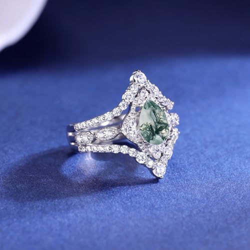 3PCS Natural Moss Agate Wedding Ring Set for Women with Moissanite 1CT Center Pear Cut Natural Moss Agate Ring Set 925 Sterling Silver 10K 14K 18K Gold4
