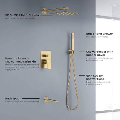 KIBI Cube Sistema de Ducha de Baño Montado en Pared con 3 Funciones, Latón Cepillado, Válvula Equilibradora de Presión, Brazo de Ducha de 15 Pulgadas, Modo de Ducha de Cascada Manual (KSF406) miniatura 4