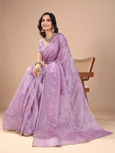 Image of AKHILAM Women's Organza Embroidered Sequins Work Saree With Unstitched Blouse Piece (RANI2501 RN Parent)