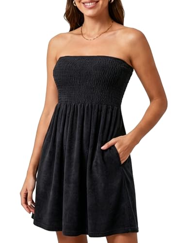 Yonique Women Terry Cloth Cover up - Strapless Beach Cover Up Tube Top with Pockets Black M