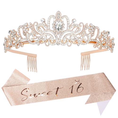 YARIEW Sweet 16 Birthday Decorations for Girls, Rose Gold Sweet 16 Sash and Tiara, Birthday Crown and Sash, 16th Birthday Gifts for Girls, Sweet Sixteen Gifts for Girls