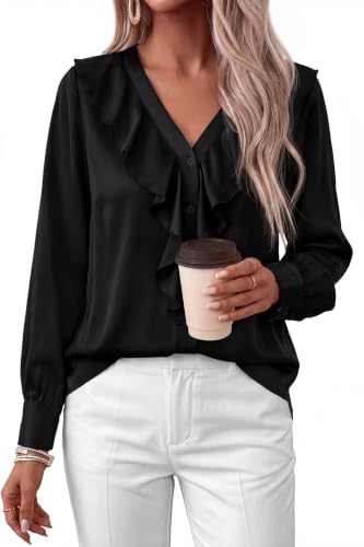 dowerme Womens Long Sleeve Tops Satin Ruffle Button Shirts - image 1