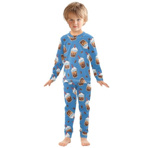 Pajama Sets Long Sleeve Bubble Tea Pattern on Blue Soft Comfy Sleepwear 2 Piece PJS 3-8T2