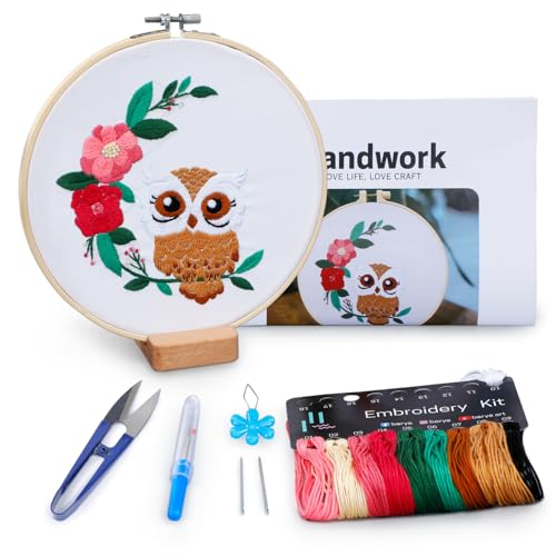 Image of BERYA Owl Embroidery Kit, Embroidery Kit for Adult, Owl Pattern Practice Kit, Including Video Step by Step Instructions, Embroidery Hoop, Cloth, Needles and Thread for DIY Craft Lover (BEO013)