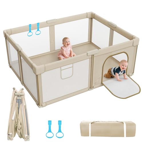 Image of Foldable Baby Playpen: 71” x 59” Super Large Playpen for Babies and Toddlers - Portable Play Pen for Babies with Breathable Mesh & 2 Pulling Handle - Baby Play Yard for Outdoor & Indoor