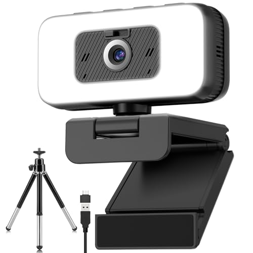 Webcam mit Mikrofon 2K Webcam mit Licht und Privatsphäre-Abdeckung PC Kamera für Laptop/Desktop Bildspiegelung und 5X Zoom Plug & Play USB camera für Streaming Videokonferenzen Homeoffice