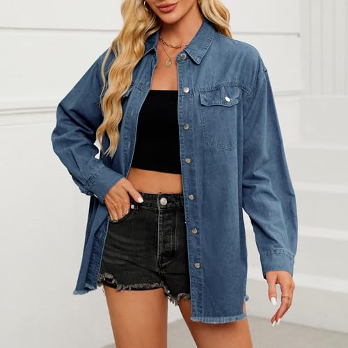 American Trends Denim Jacket for Women Oversized Long Sleeve Jean Shirts Button Down Shirt Lightweight Jean Crop Top Jacket2