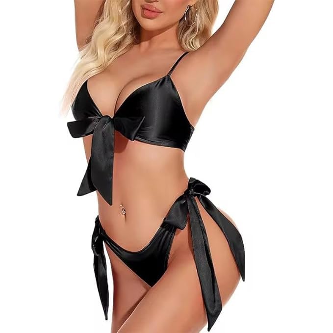 ARYANSH Shoppe Satin Elegance Two-Piece Bikini – Bow Detail Top & Adjustable SideTie Bottom Free Size (Black)-picture-27