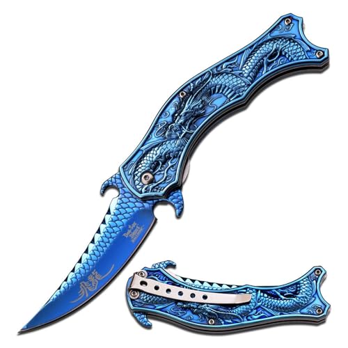 Dark Side Ballistics Spring Assisted Knife, DS-A019BL-MC, 3CR13 Stainless Steel, Blue TiNite Coated, Dragon Theme, Pocket Clip, EDC, Fantasy, Collectible