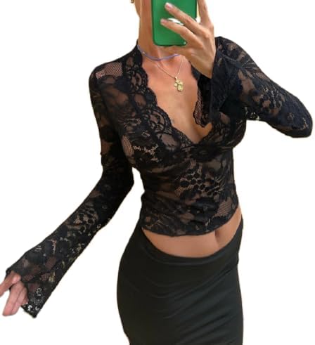 ZZEVOLSS Women Y2k Lace See Through Top Sexy Sheer Mesh Long